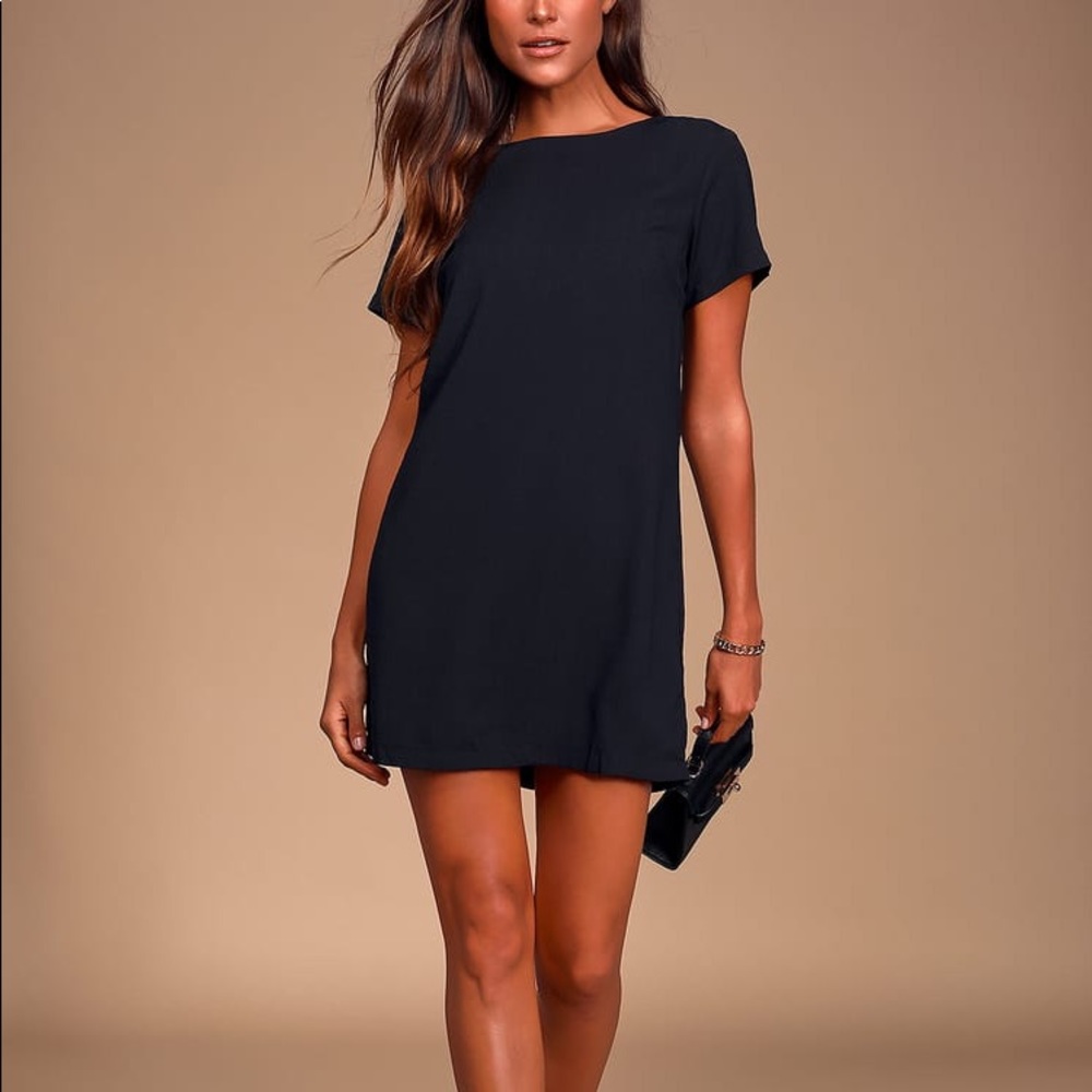 Lulu’s Shift and Shout Black Short Sleeve Mini Dress